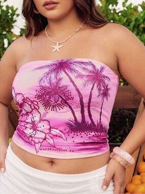 SHEIN Pink Tropical Palm Print Bandeau Swim Top